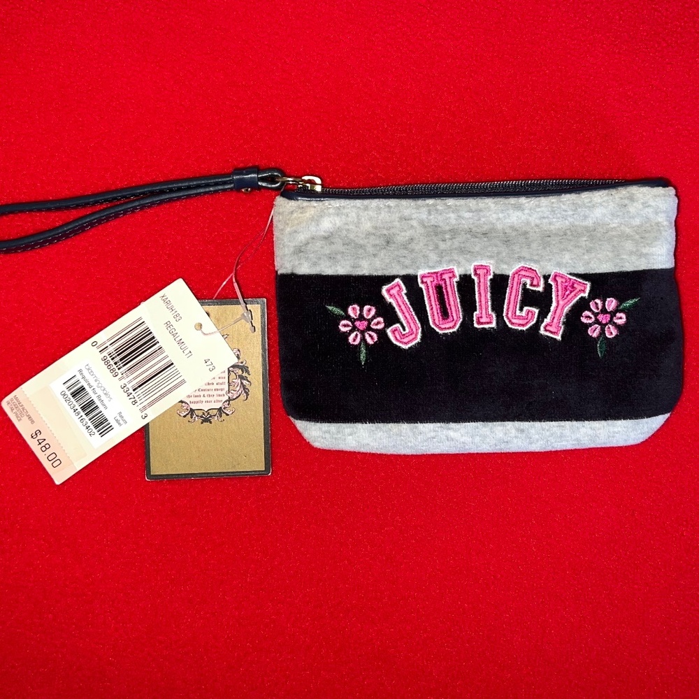 Juicy Couture Vintage Wristlet Purse Wallet Bag Gray Black Velour & Leather NWT